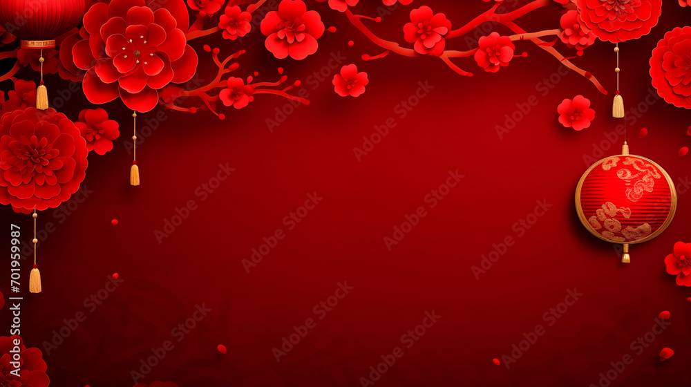 Background for Chinese new year, red banner template design with lantern and flowers on red background. Copy space.