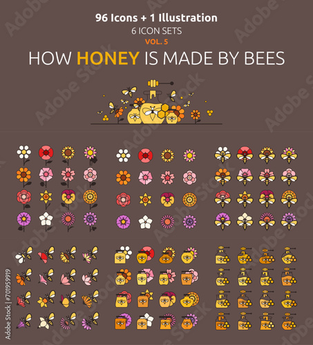 How Honey Is Made By Bees - 96 Icons, 1 Illustration (6 icon sets) - Vol. 5