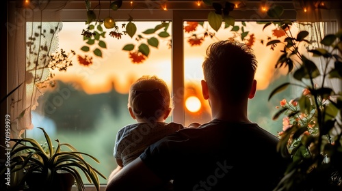 dad and kid look into windows at sunset