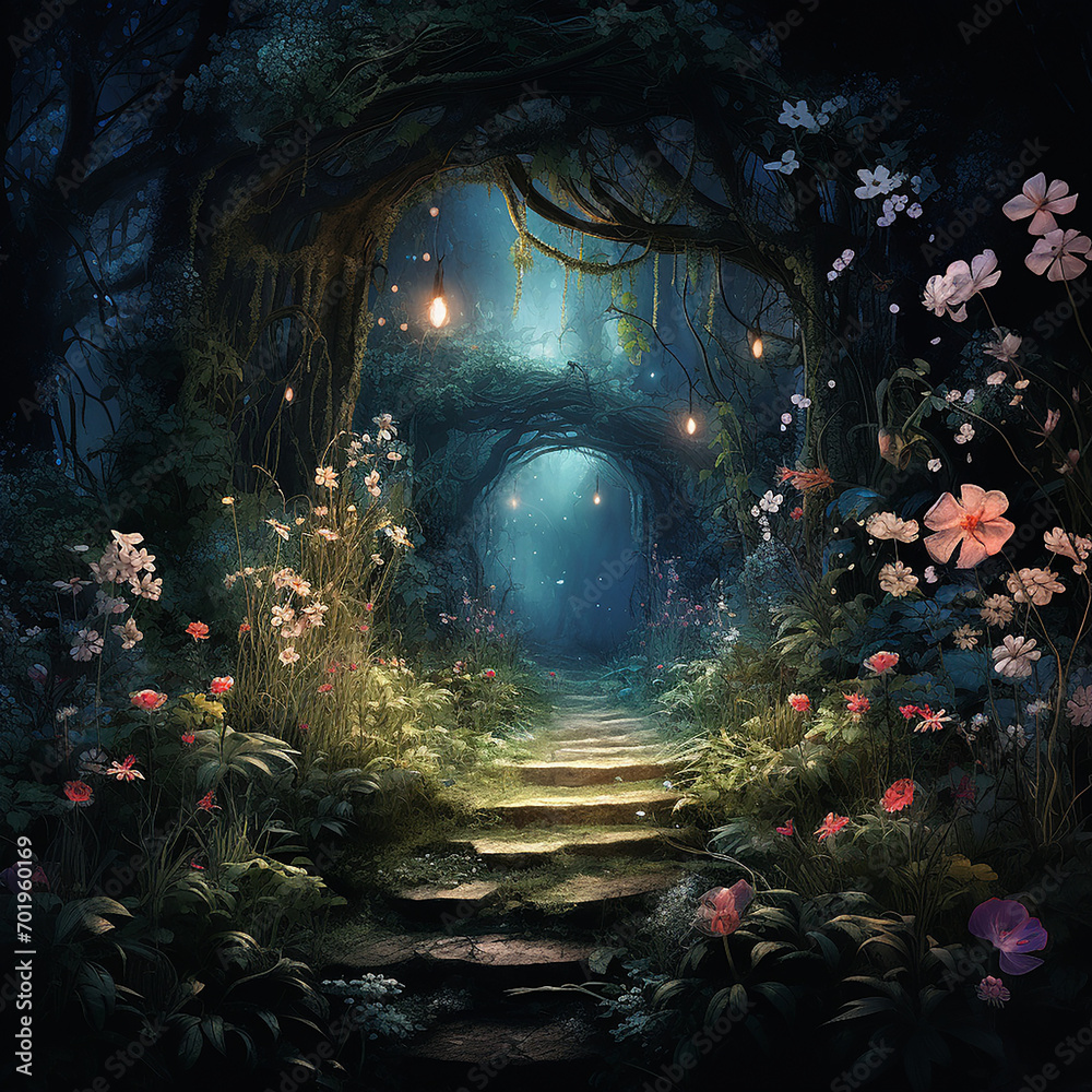 Fotografie A Moonlit Garden with Flowers