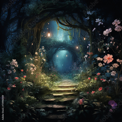 A Moonlit Garden with Flowers