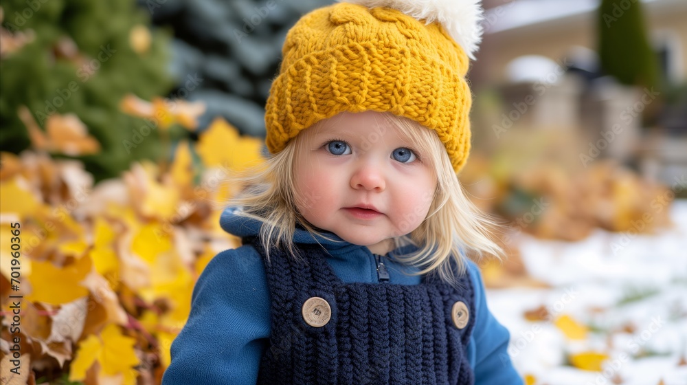 A little girl in a yellow knit beanie poses.