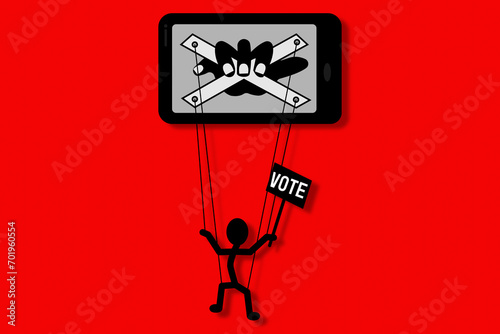 vote puppet on strings being manipulated by a hand on a smart phone, social media influence election fake news deep fake concept illustration photo