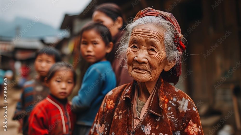 Old woman standing among group of children in a village.