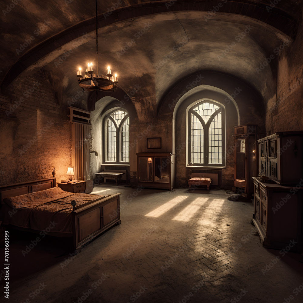 Old stone castle master bedroom interior of an house