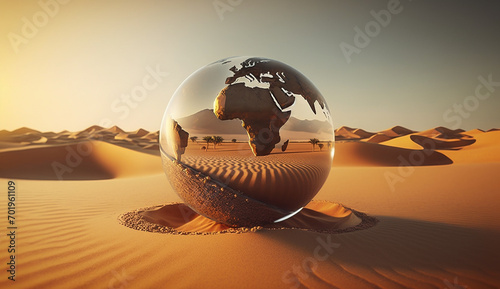 Globe On sand In desert global warming issue photo