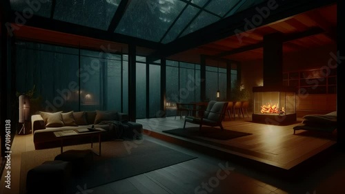 Rainy night and cozy fireplace environment, heavy rain in chalet in forest, looping video.  You can use the video as a looping by adding it one after the other. It is in the form of an endless looping photo