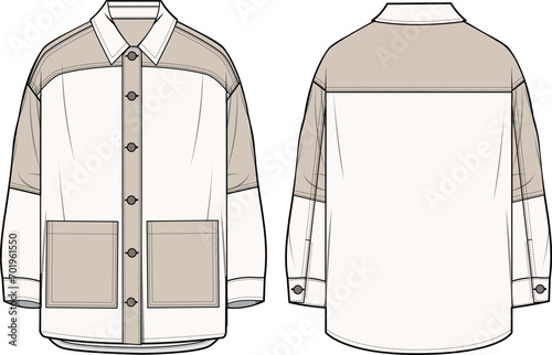 Unisex Oversized Color Block Shacket- Technical fashion illustration. Front and back, ecru-beige color. Unisex CAD mock-up