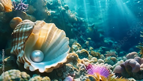 Sea shell with a pearl close-up in a coral reef with light underwater animation photo