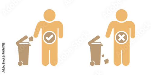 Man throwing garbage vector icon. No environmental pollution. Do not litter vector icon. How to properly dispose of garbage. Cleanliness starts with you.