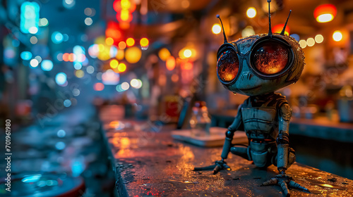Fantasy alien planet. Fantasy world. 3D illustration. Selective focus. A toy robot stands on the street at night. photo