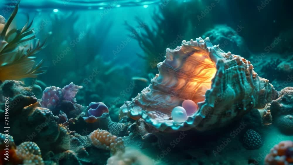 Sea shell with a pearl in a coral reef with light underwater animation