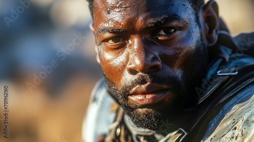 Close up portrait of an african american football player with helmet. 