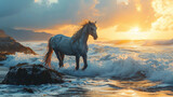 Seashore Sunrise Equestrian:  A horse bathed in the soft glow of a sunrise, enhancing the tranquil beauty of the seashore scene