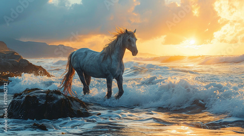 Seashore Sunrise Equestrian   A horse bathed in the soft glow of a sunrise  enhancing the tranquil beauty of the seashore scene