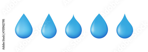 Realistic 3d water drop set. Blue drops on white background. Vector illustration