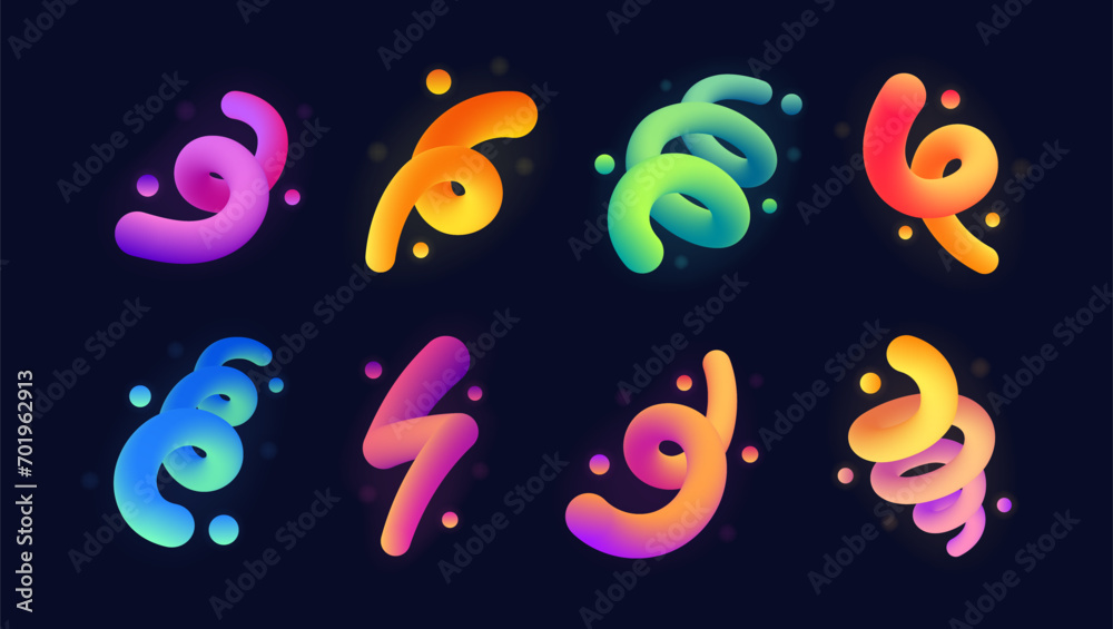 Set of abstract fluid curve in different shape. Gradient blend line with shiny and glowing effect. Creative design elements for cover, mockup, banner, poster and background. Vector illustration Set of abstract fluid curve in different shape. Gradient blend line with shiny and glowing effect. Creative design elements for cover, mockup, banner, poster and background. Vector illustration