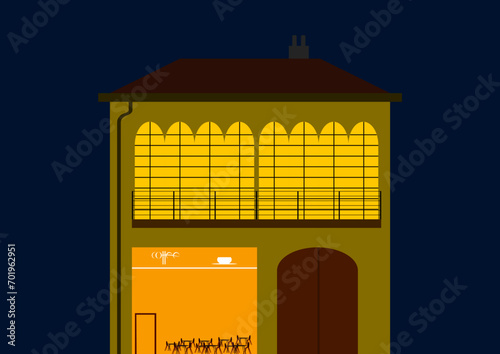 House with parisian windows, cafe and big gate at night