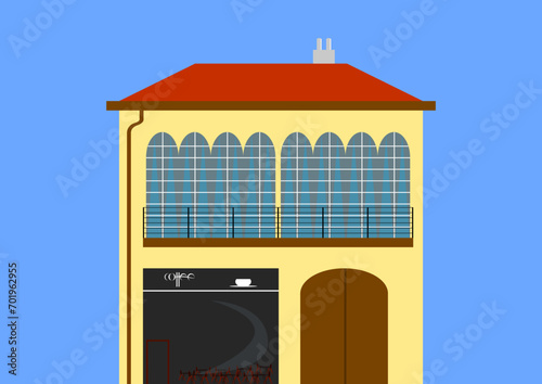 A house with Parisian windows, a cafe and a large gate