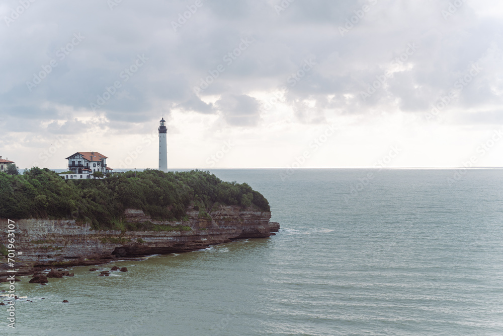 Landscape coastal view of lighthouse outside of Biarritz, France