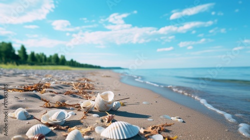 A close-up of seashells scattered on Hokkaido's beach, each one a tiny masterpiece of natural design -Generative Ai