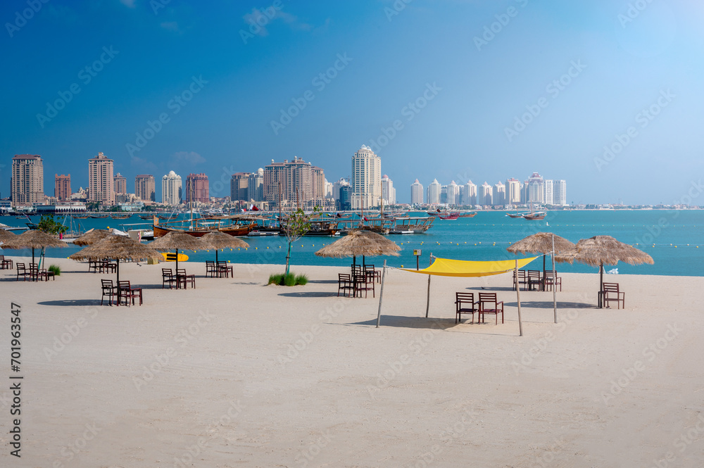 Katara Beach with the Pearl-Qatar Skyline in Background - Doha, Qatar Katara Beach with the Pearl-Qatar Skyline in Background - Doha, Qatar