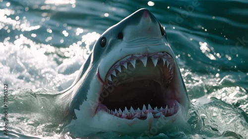 Huge Great White shark attacks and coming out from the waters close-up animation