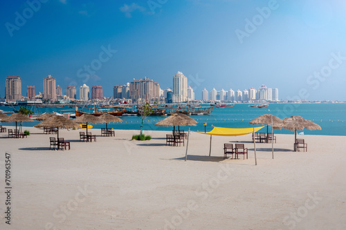 Katara Beach with the Pearl-Qatar Skyline in Background - Doha, Qatar