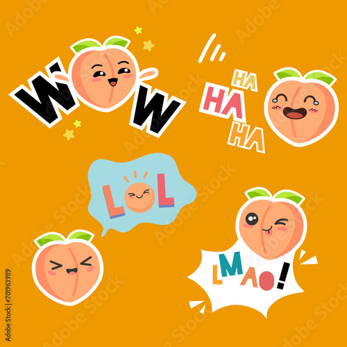 Funny lol stickers concept with peach character. Hand drawn style vector design illustrations.