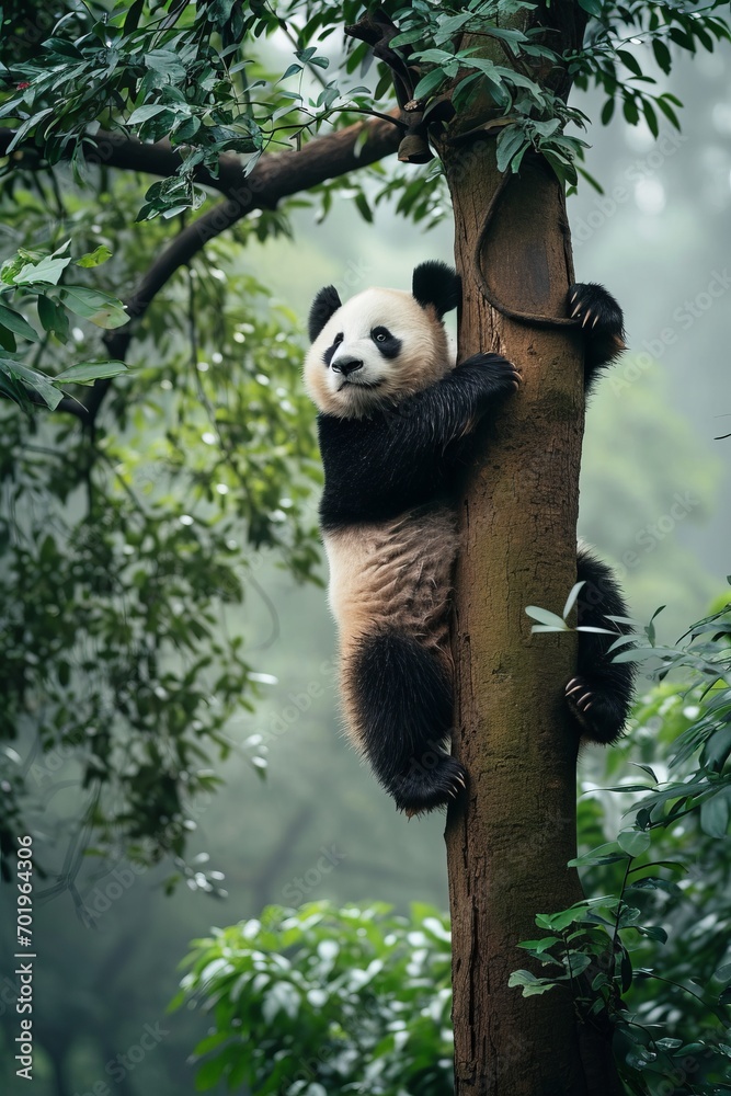 Fototapeta premium A panda bear climbing on a tree,close-up