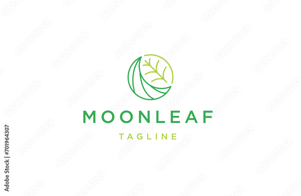 Moon and leaf combination with line art style logo design template flat vector