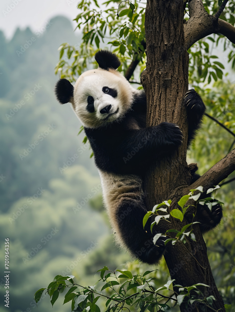 Obraz premium A panda bear climbing on a tree,close-up