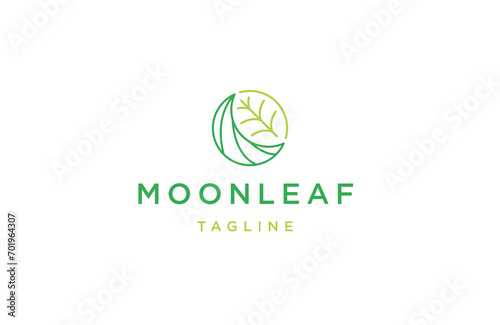 Moon and leaf combination with line art style logo design template flat vector