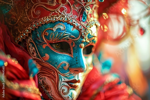 close-up of a Venetian carnival mask, resplendent in its elaborate design and vibrant colours