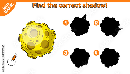 Find the correct shadow. Space educational kids game with cartoon planetary Moon. Puzzle for preschool and school education. Page of the activity book for children. Baby vector illustration.
