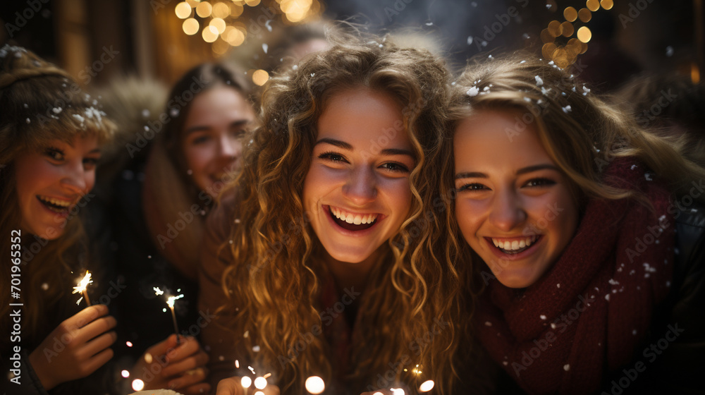 Happy new year! Girlfriends celebrate with lit sparklers in their hands