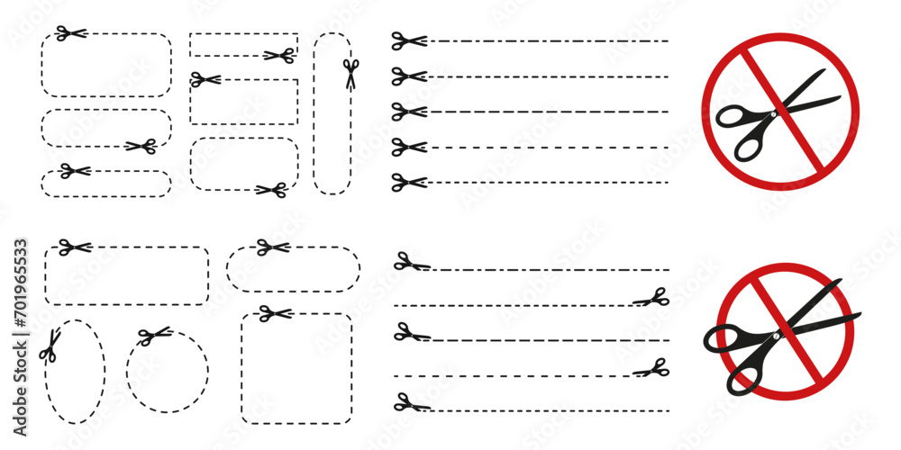 Set of cut here icons. Scissors pictograms with dotted lines and square, circle, oval, rectangle frames and scissors forbidden signs isolated on white background. Vector graphic illustration Set of cut here icons. Scissors pictograms with dotted lines and square, circle, oval, rectangle frames and scissors forbidden signs isolated on white background. Vector graphic illustration