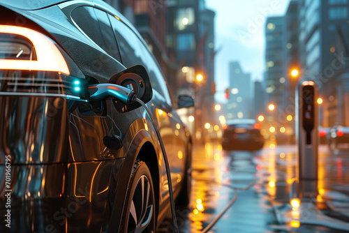 Wet Evening in the City: Electric Car Plugged into Urban Charging Station