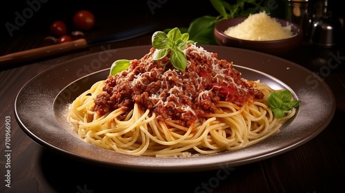 Spaghetti Bolognese with rich meat sauce and grated Parmesan