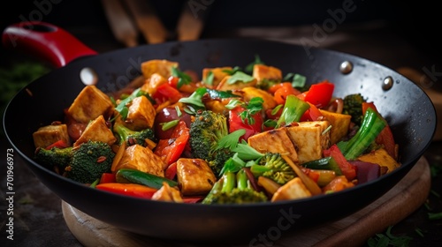 Tasty vegetable stir-fry with tofu in a wok
