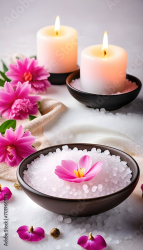 spa composition with sea salt  pink flowers and burning candles