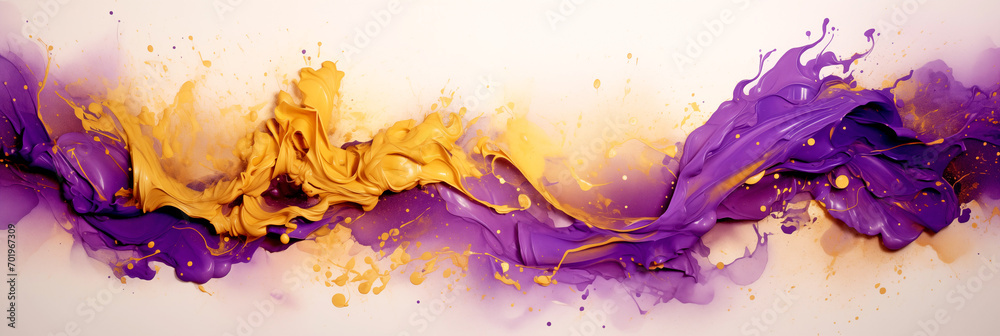 abstract painting. Wavy splashes of purple gold paint