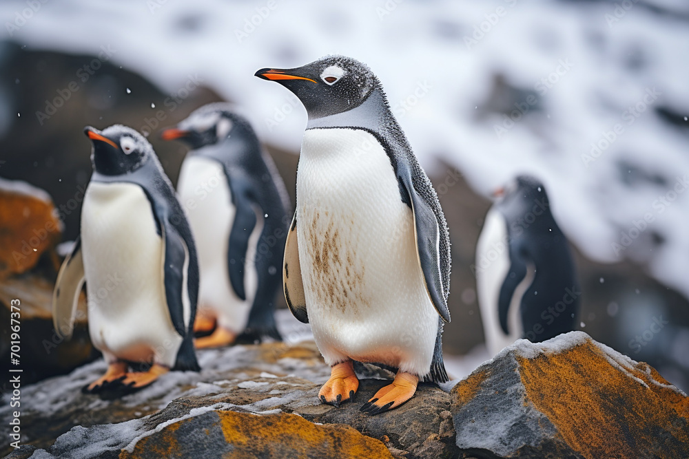 Obraz premium Antarctica harsh and extreme environment, cold temperatures, strong winds, flora and fauna, penguin, nature and animals snow walrus ice birds fishes.