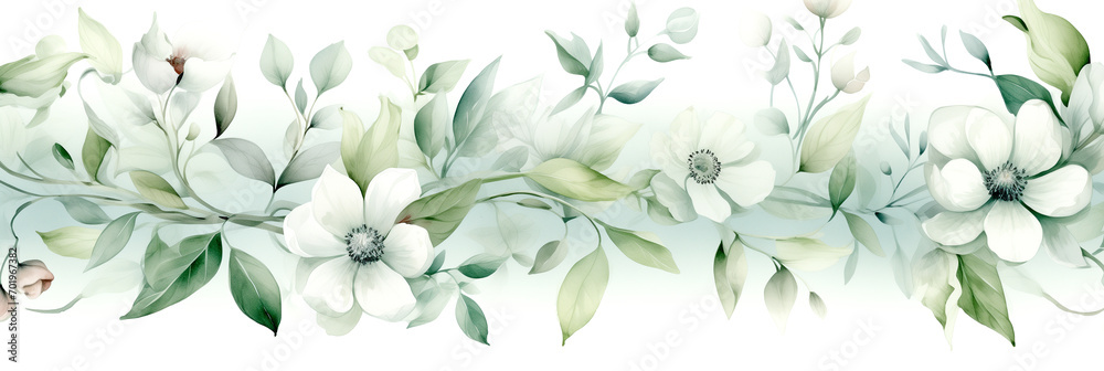 Watercolor Painting - Dreamy Floral Background - Light Green and White Wildflowers Banner. Scenic watercolor painting with wildflowers for your design