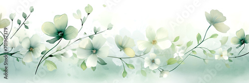 Watercolor Painting - Dreamy Floral Background - Light Green and White Wildflowers Banner. Scenic watercolor painting with wildflowers for your design