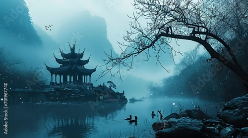 a temple on the banks of a misty river. seamless looping time-lapse virtual video Animation Background. photo
