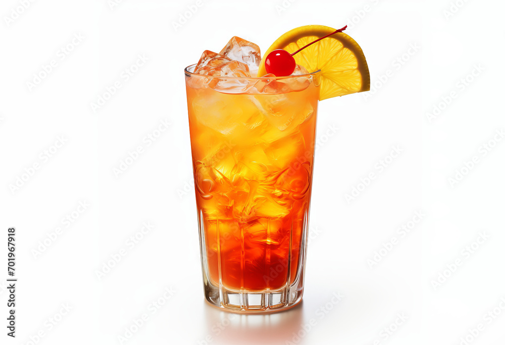 A glass of cocktail with ice and cherry and mint garnish on white background