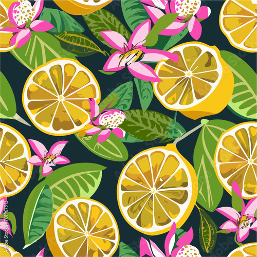 Vector summer pattern with 
tropical fruits lemon and orchid flowers, leaves 
on black background. Floral fashion ornament for fabric, paper, textiles, 
notepad, women clothing, card, packaging.