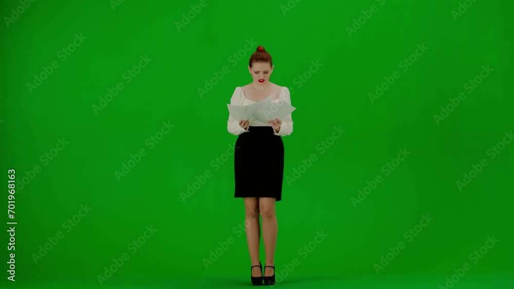 Portrait of attractive office girl on chroma key green screen. Woman in skirt and blouse holding papers, frustrated throwing documents in the air