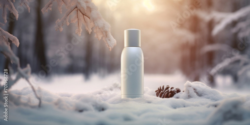 White snow background with lifestyle, cosmetic makeup bottle lotion cream product mockup with beauty fashion skincare for merry festival gift .Winter Cosmetic Collection Showcased Against A Stylish . 